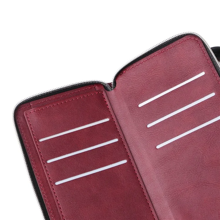 For iPhone 16 Pro Funda de Cuero PU con Cremallera Funda de Teléfono con 9 Ranuras para Tarjetas - Rojo Vino