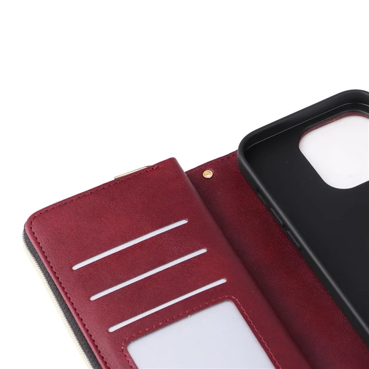 For iPhone 16 Pro Funda de Cuero PU con Cremallera Funda de Teléfono con 9 Ranuras para Tarjetas - Rojo Vino