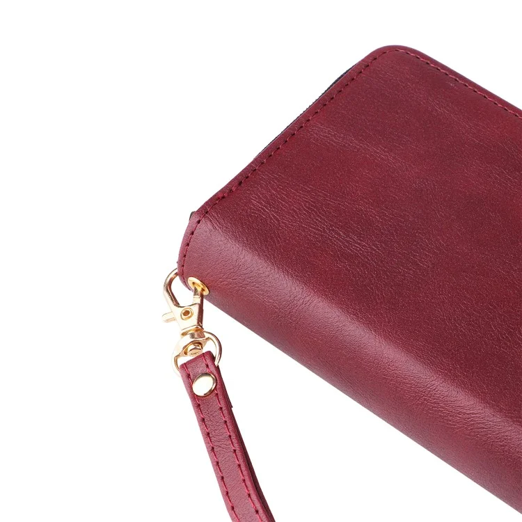 For iPhone 16 Pro Funda de Cuero PU con Cremallera Funda de Teléfono con 9 Ranuras para Tarjetas - Rojo Vino