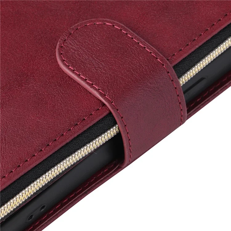 For iPhone 16 Pro Funda de Cuero PU con Cremallera Funda de Teléfono con 9 Ranuras para Tarjetas - Rojo Vino