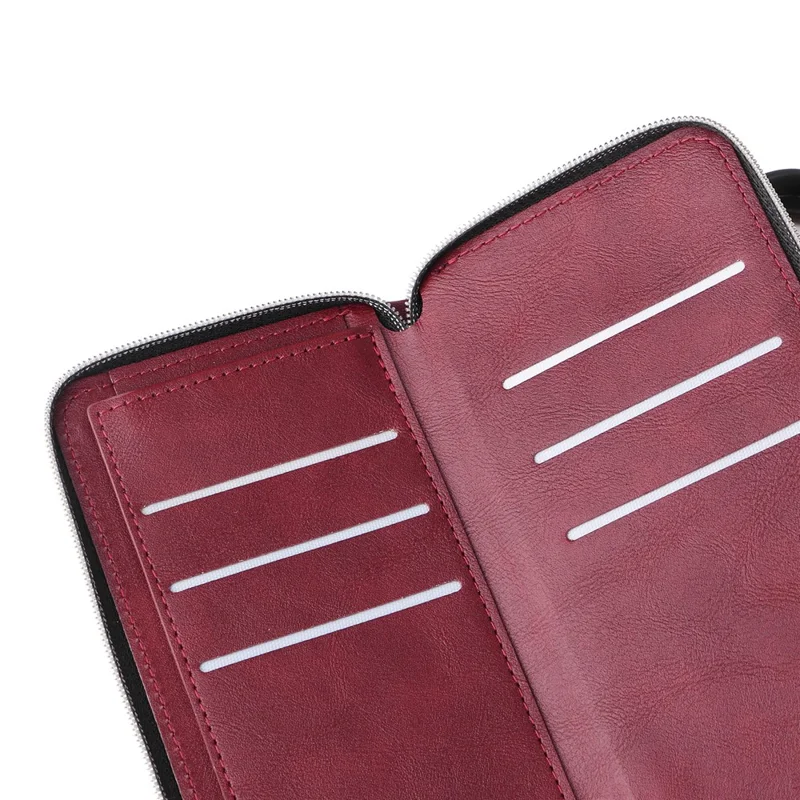Für iPhone 16 Pro Max Hülle Reißverschluss Lederhandyhülle 9 Kartenfächer - Weinrot