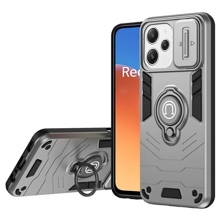 Pour Xiaomi Redmi 12 4G / 5G (Global) / Poco M6 Pro 5G Étui Anneau Support Kickstand PC+TPU Couvercle de Téléphone Protection de Lentille de Confidentialité - Gris