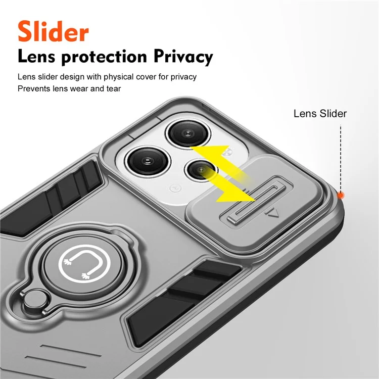 Pour Xiaomi Redmi 12 4G / 5G (Global) / Poco M6 Pro 5G Étui Anneau Support Kickstand PC+TPU Couvercle de Téléphone Protection de Lentille de Confidentialité - Gris