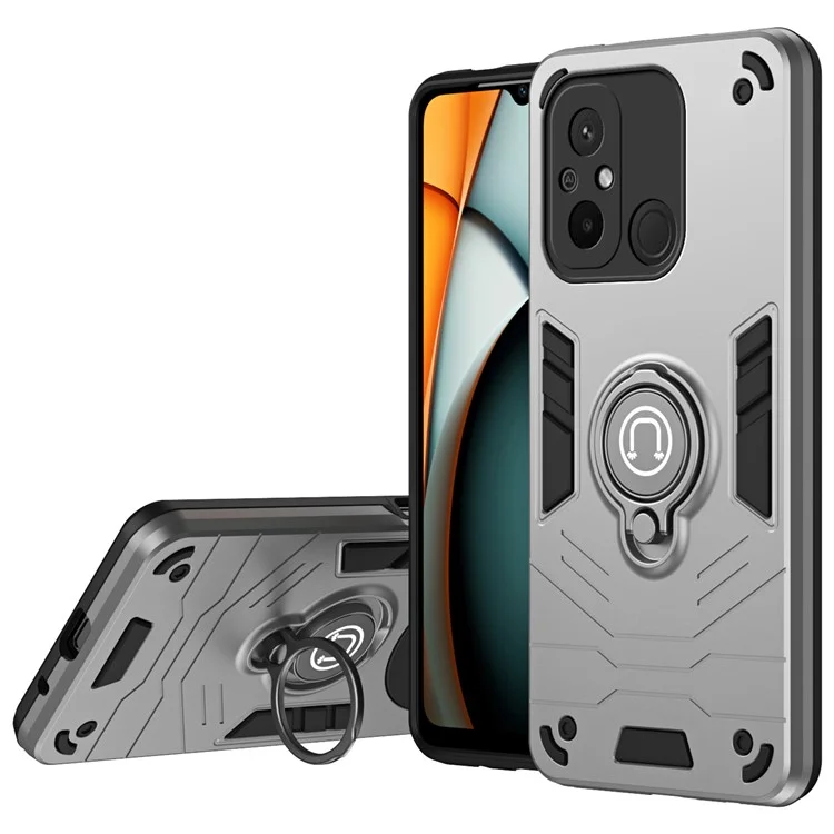 Pour Xiaomi Poco C55 4G / Redmi 12C 4G Étui de téléphone à ajustement slim en PC+TPU+métal avec support - Gris