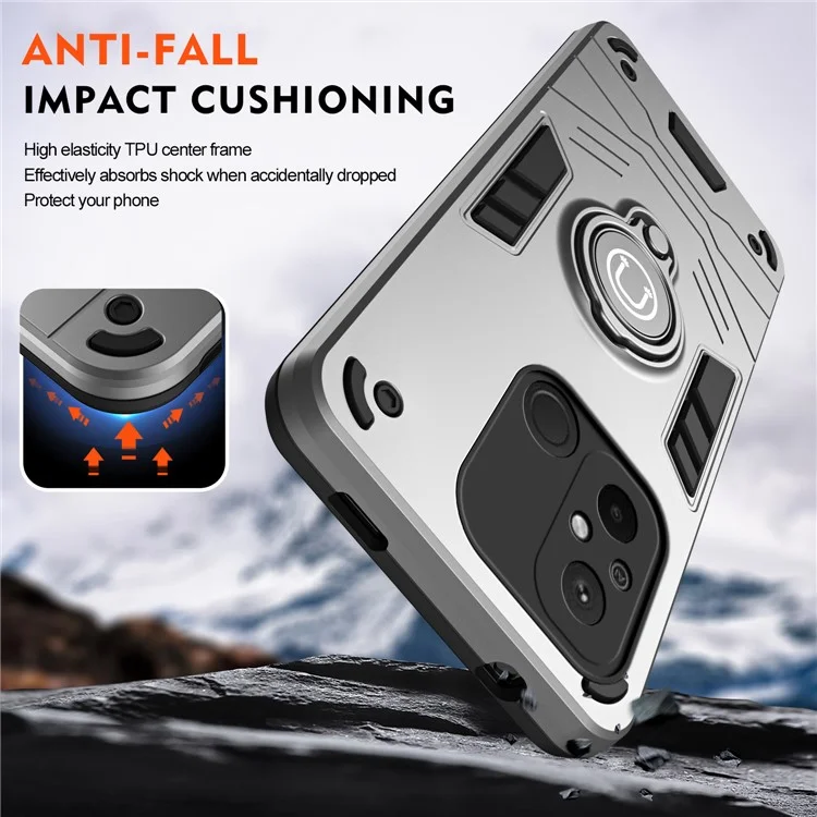 Pour Xiaomi Poco C55 4G / Redmi 12C 4G Étui de téléphone à ajustement slim en PC+TPU+métal avec support - Gris