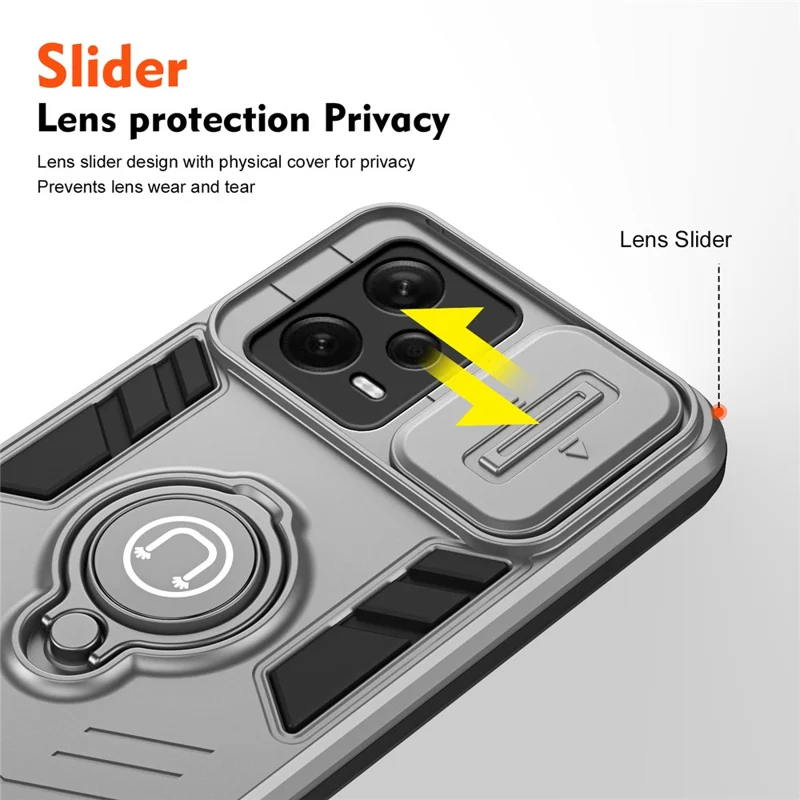 Para Xiaomi Redmi Note 12 Pro+ 5G Case Slide Lens Protection PC+TPU Phone Cover Ring Holder - Cinza