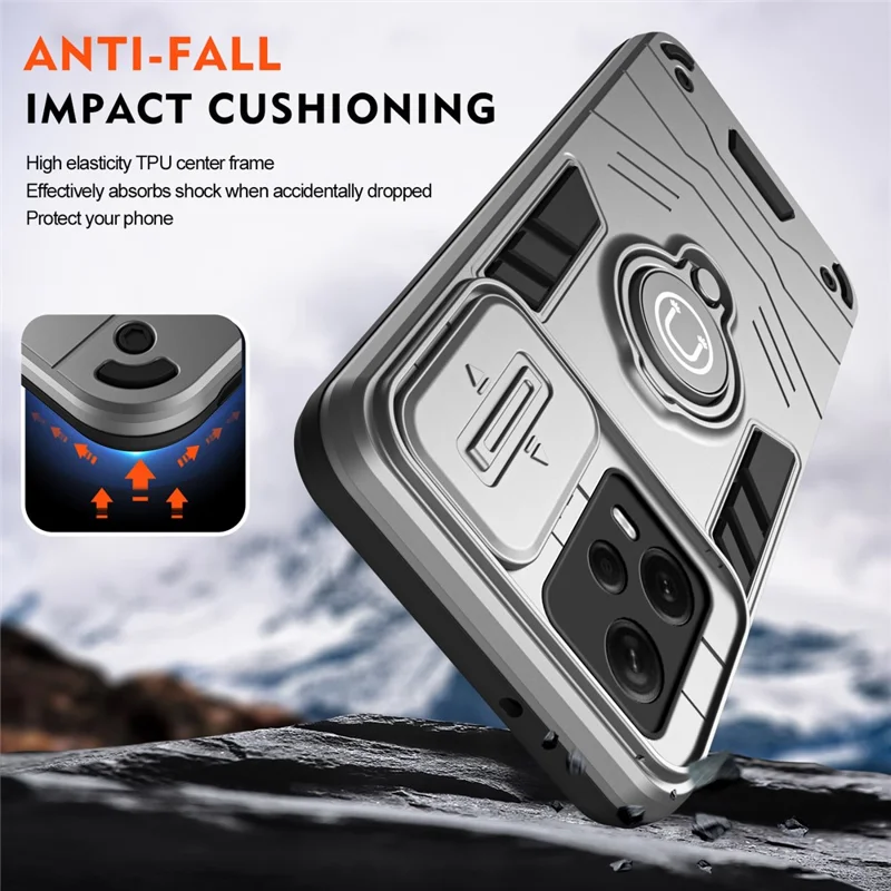 Para Xiaomi Redmi Note 12 Pro+ 5G Case Slide Lens Protection PC+TPU Phone Cover Ring Holder - Cinza