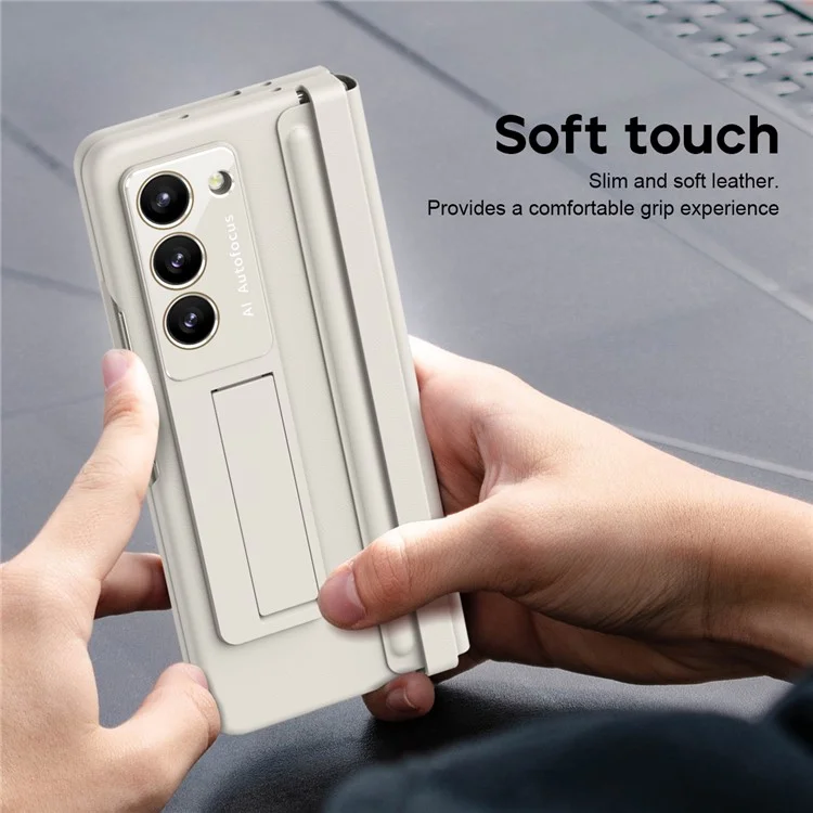 Per Samsung Galaxy Z Fold6 5G Custodia Cerniera Pelle+PC Supporto Custodia Telefonica con Pellicola in Vetro Temperato - Beige