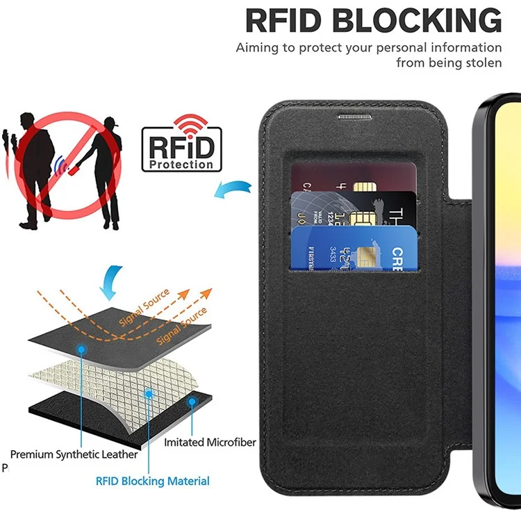 Pour Samsung Galaxy A15 4G / 5G Étui magnétique RFID Blocking Leather Phone Cover Card Holder - Noir