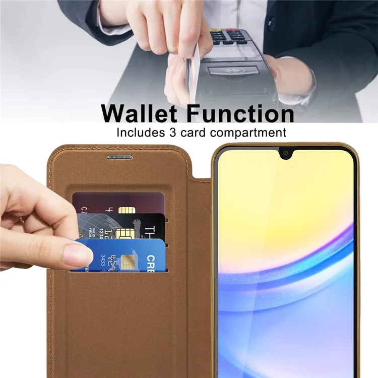 For Samsung Galaxy A15 4G / A15 5G Magnetic Case RFID Blocking Card Holder Leather Phone Cover - Brown