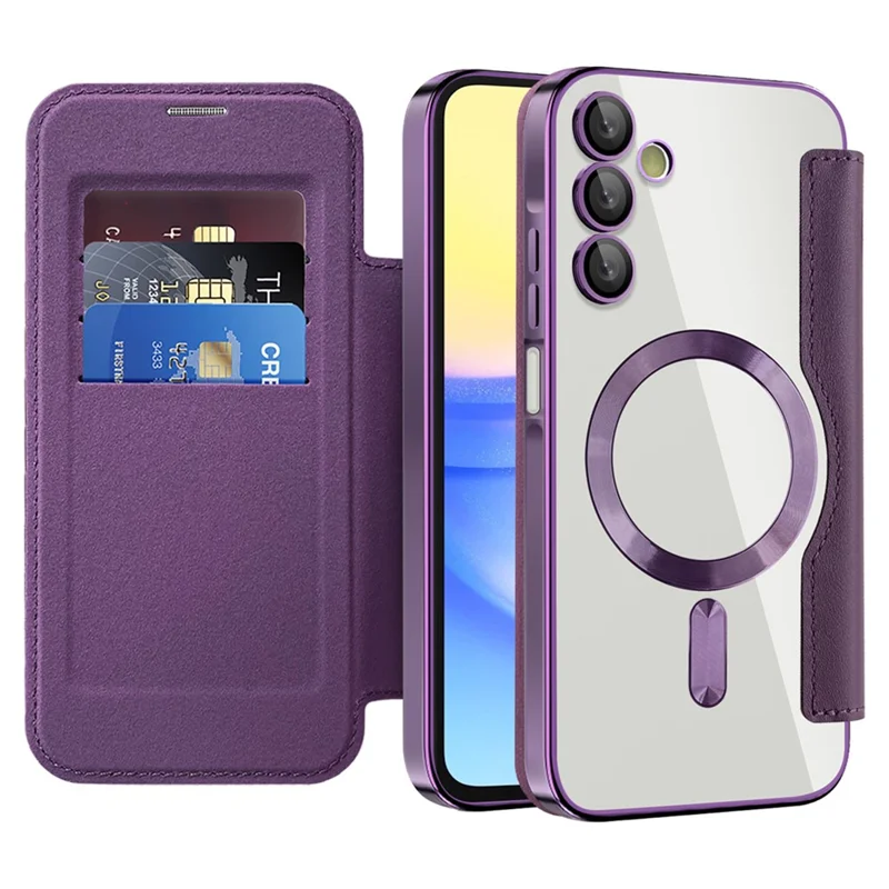 For Samsung Galaxy A15 4G / A15 5G Magnetic Case RFID Blocking Card Holder Leather Phone Cover - Purple