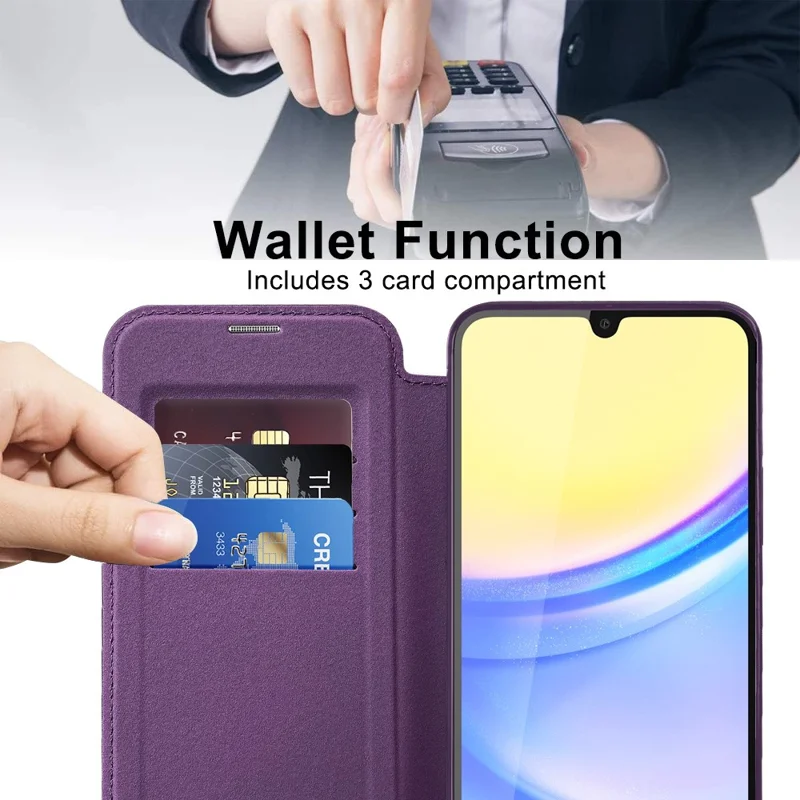For Samsung Galaxy A15 4G / A15 5G Magnetic Case RFID Blocking Card Holder Leather Phone Cover - Purple
