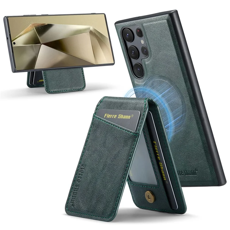 FIERRE SHANN 025 Style For Samsung Galaxy S24 Ultra Case Leather+TPU Card Slots Phone Cover - Green