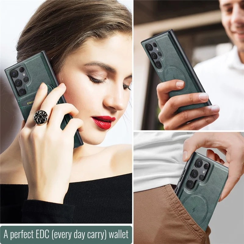 FIERRE SHANN 025 Style For Samsung Galaxy S24 Ultra Case Leather+TPU Card Slots Phone Cover - Green