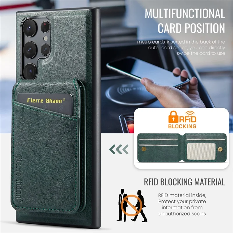 FIERRE SHANN 025 Style For Samsung Galaxy S24 Ultra Case Leather+TPU Card Slots Phone Cover - Green