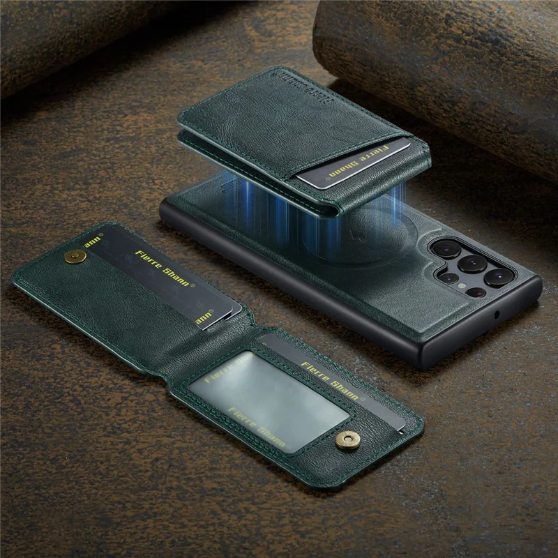 FIERRE SHANN 025 Style For Samsung Galaxy S24 Ultra Case Leather+TPU Card Slots Phone Cover - Green