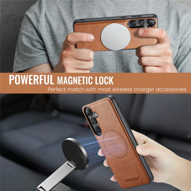 FIERRE SHANN 025 Style For Samsung Galaxy S24 Case PU+TPU Phone Cover Magnetic Case - Brown