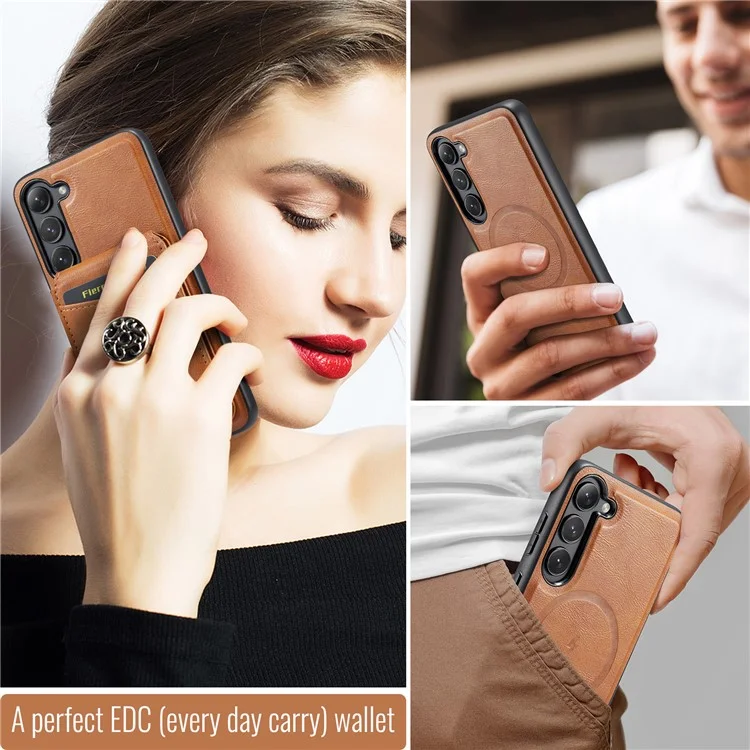 FIERRE SHANN 025 Стиль для чехла Samsung Galaxy S23+ с держателем для карт, подставкой, PU+TPU - Коричневый