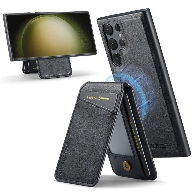 FIERRE SHANN 025 Style für Samsung Galaxy S23 Ultra Kickstand-Hülle PU+TPU Handyhülle mit Kartenfach - Schwarz