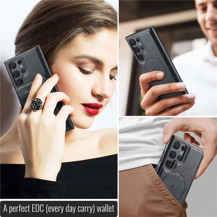 FIERRE SHANN 025 Style für Samsung Galaxy S23 Ultra Kickstand-Hülle PU+TPU Handyhülle mit Kartenfach - Schwarz