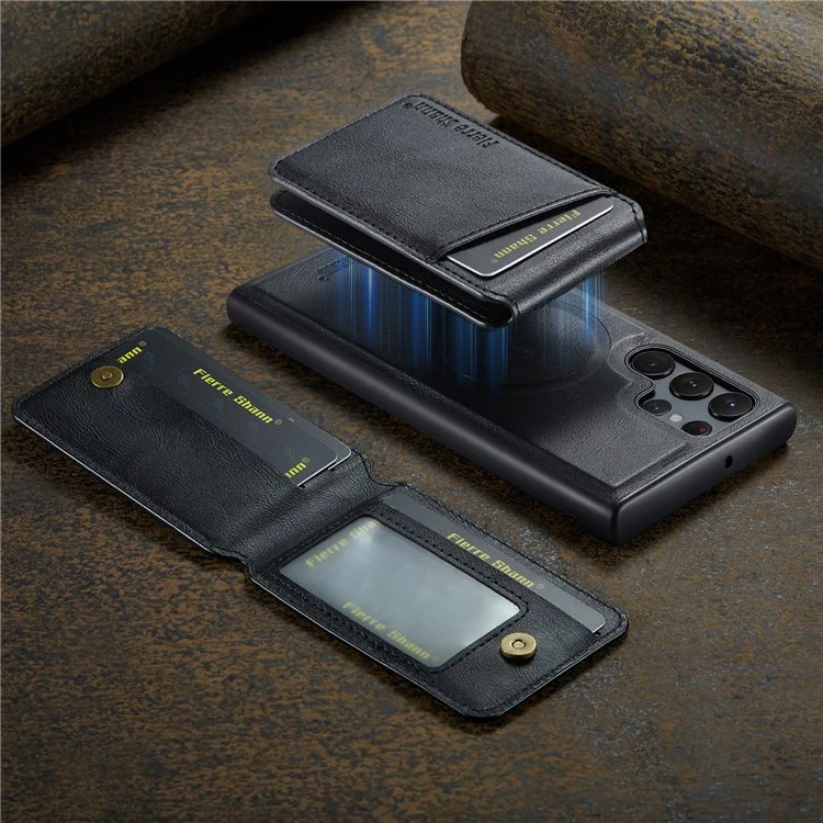 FIERRE SHANN 025 Style für Samsung Galaxy S23 Ultra Kickstand-Hülle PU+TPU Handyhülle mit Kartenfach - Schwarz