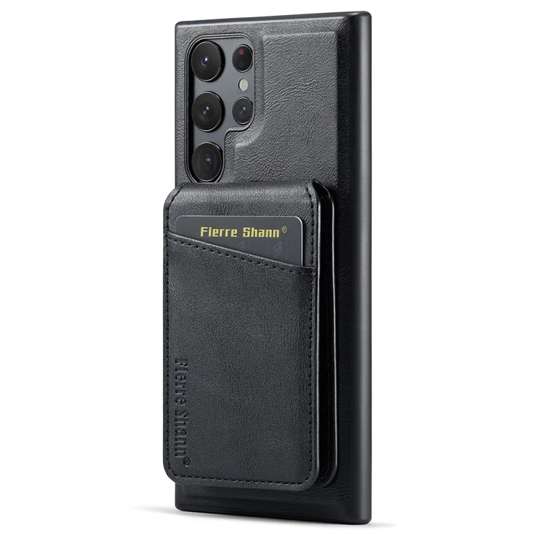 FIERRE SHANN 025 Style für Samsung Galaxy S23 Ultra Kickstand-Hülle PU+TPU Handyhülle mit Kartenfach - Schwarz