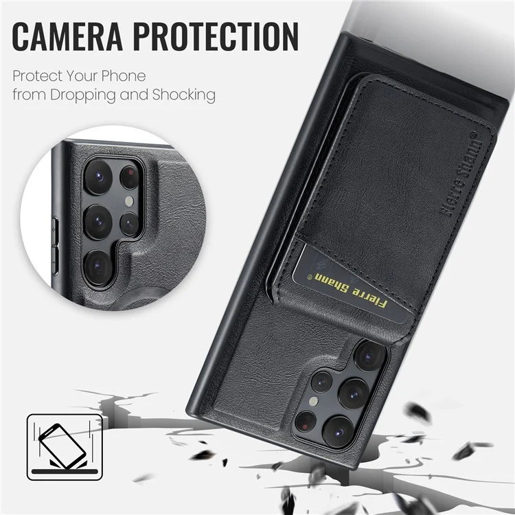 FIERRE SHANN 025 Style für Samsung Galaxy S23 Ultra Kickstand-Hülle PU+TPU Handyhülle mit Kartenfach - Schwarz