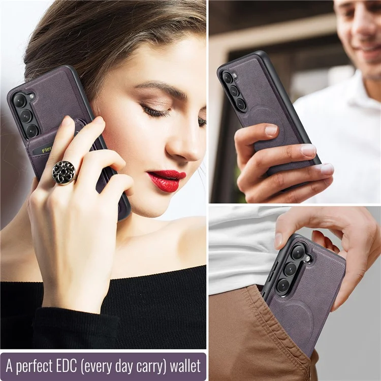 FIERRE SHANN 025 Style For Samsung Galaxy S23 Case Leather Back Cover Detachable RFID Blocking Card Holder - Фиолетовый
