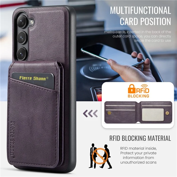 FIERRE SHANN 025 Style For Samsung Galaxy S23 Case Leather Back Cover Detachable RFID Blocking Card Holder - Фиолетовый