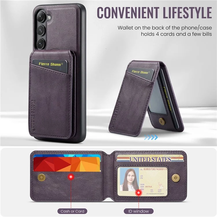 FIERRE SHANN 025 Style For Samsung Galaxy S23 Case Leather Back Cover Detachable RFID Blocking Card Holder - Фиолетовый
