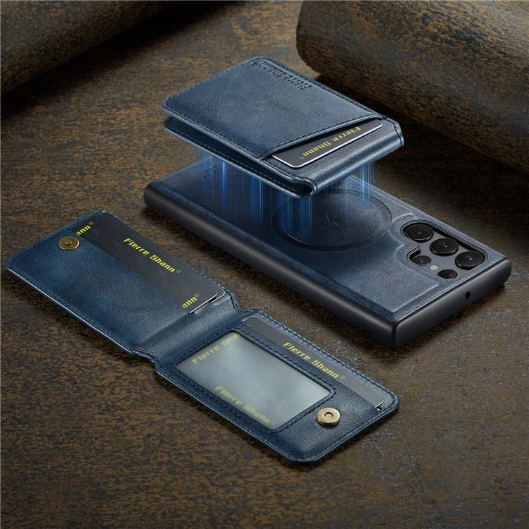FIERRE SHANN 025 Style For Samsung Galaxy S22 Ultra 5G Case RFID Blocking Leather+TPU Phone Cover Detachable - Azul