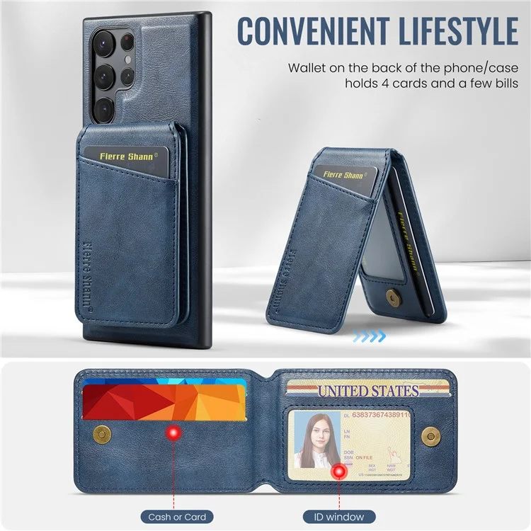 FIERRE SHANN 025 Style For Samsung Galaxy S22 Ultra 5G Case RFID Blocking Leather+TPU Phone Cover Detachable - Azul