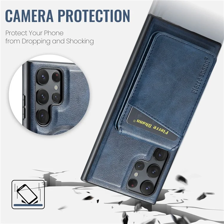 FIERRE SHANN 025 Style For Samsung Galaxy S22 Ultra 5G Case RFID Blocking Leather+TPU Phone Cover Detachable - Azul