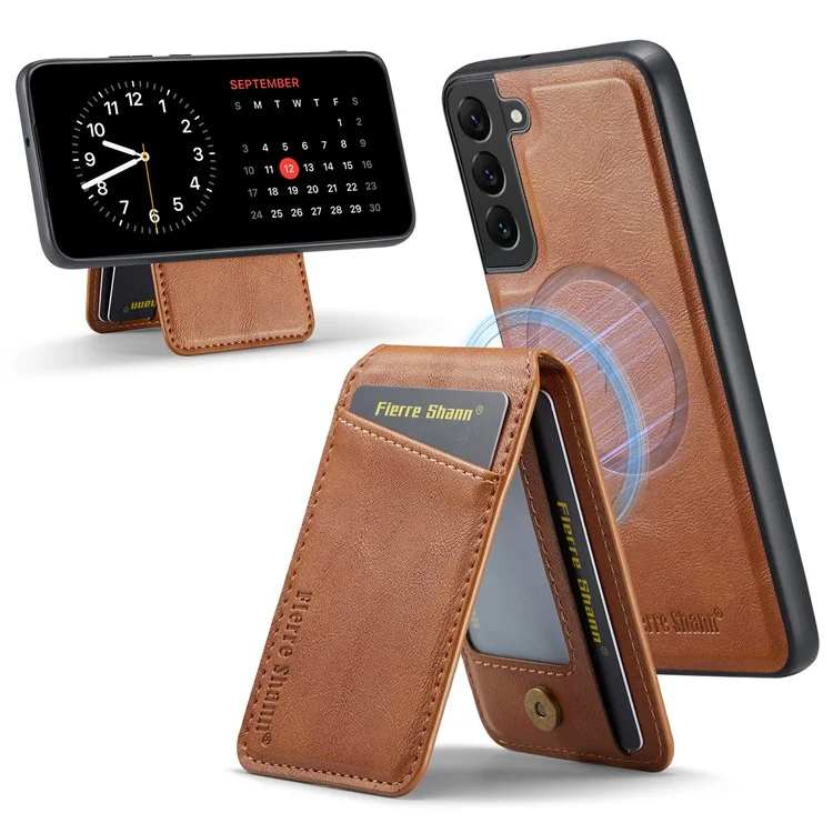 FIERRE SHANN 025 Style pour Samsung Galaxy S22+ 5G Coque magnétique Étui téléphone Fentes pour cartes amovibles - Marron