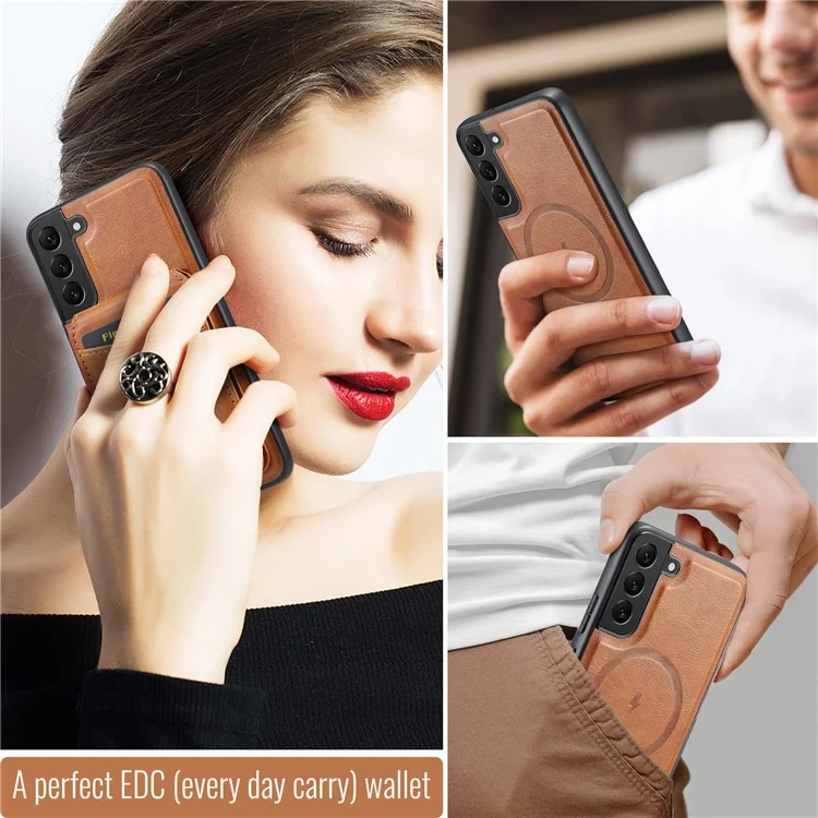 FIERRE SHANN 025 Style pour Samsung Galaxy S22+ 5G Coque magnétique Étui téléphone Fentes pour cartes amovibles - Marron