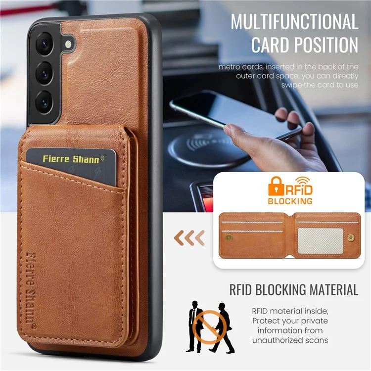 FIERRE SHANN 025 Style pour Samsung Galaxy S22+ 5G Coque magnétique Étui téléphone Fentes pour cartes amovibles - Marron