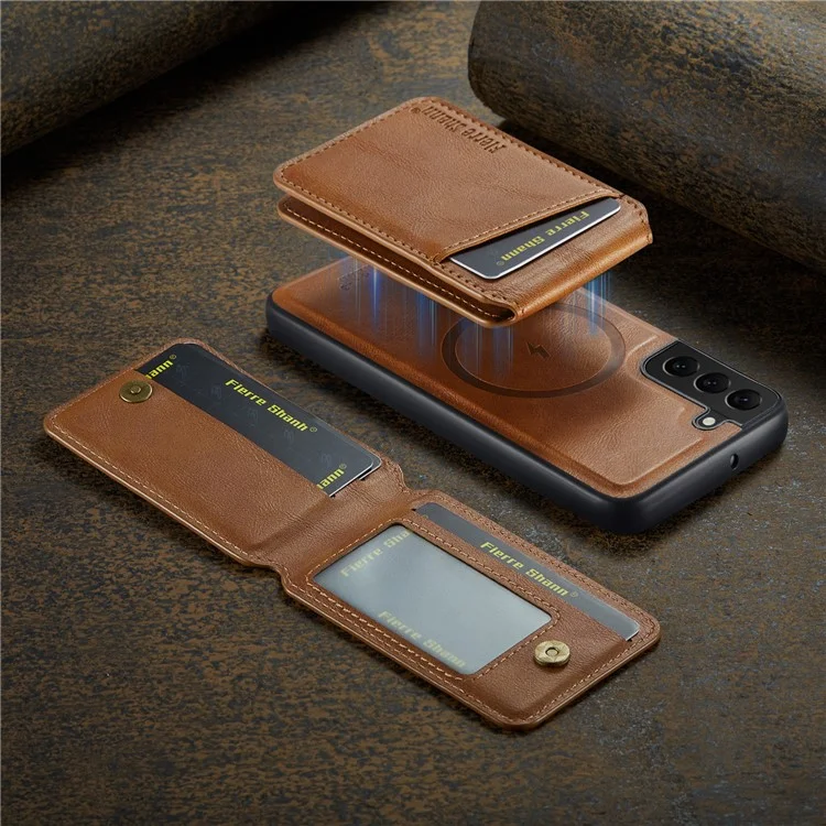 FIERRE SHANN 025 Style pour Samsung Galaxy S22+ 5G Coque magnétique Étui téléphone Fentes pour cartes amovibles - Marron
