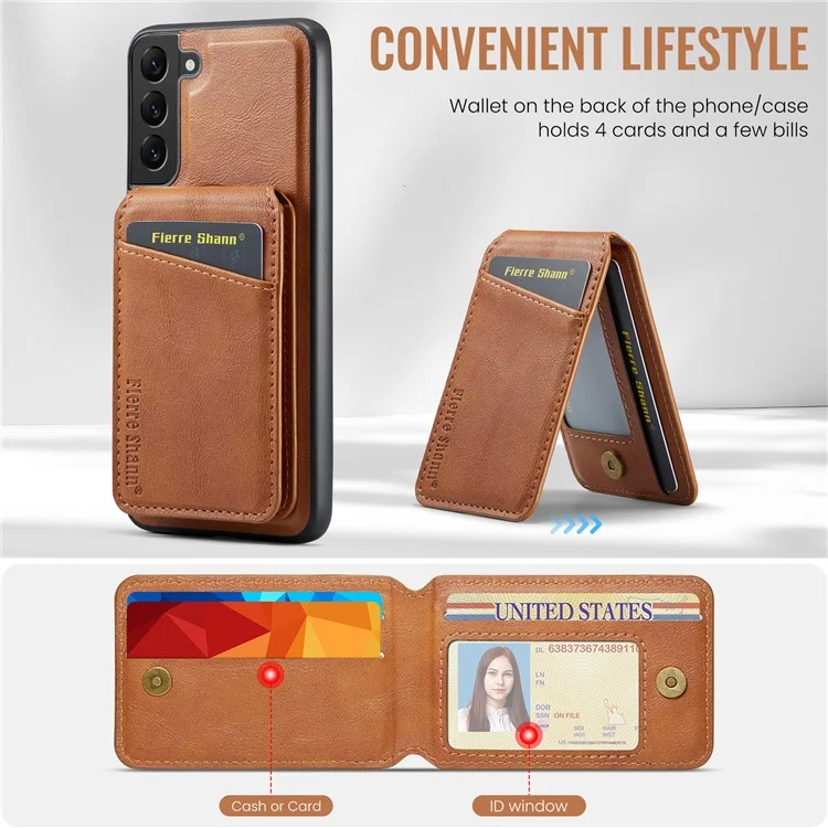 FIERRE SHANN 025 Style pour Samsung Galaxy S22+ 5G Coque magnétique Étui téléphone Fentes pour cartes amovibles - Marron