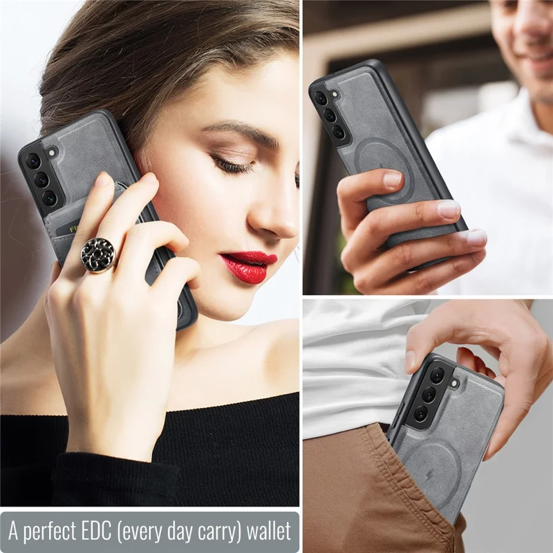 FIERRE SHANN 025 Style For Samsung Galaxy S22 5G Case PU+TPU Kickstand Phone Cover with Card Bag - Grey