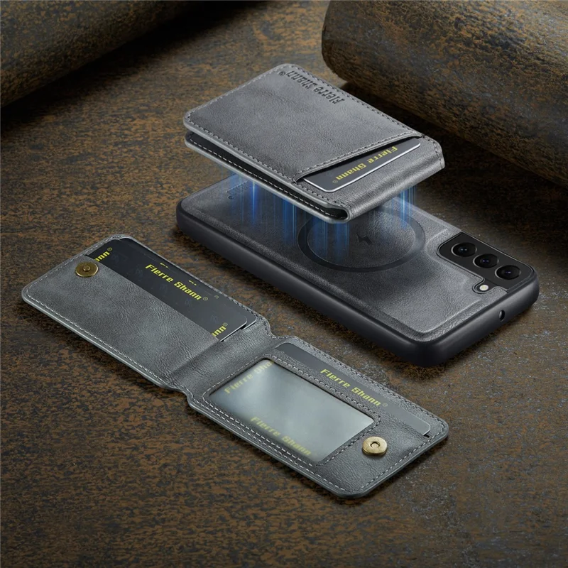 FIERRE SHANN 025 Style For Samsung Galaxy S22 5G Case PU+TPU Kickstand Phone Cover with Card Bag - Grey