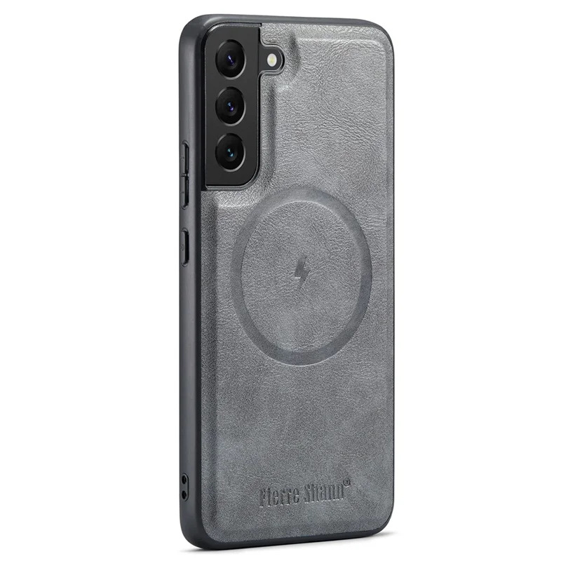 FIERRE SHANN 025 Style For Samsung Galaxy S22 5G Case PU+TPU Kickstand Phone Cover with Card Bag - Grey