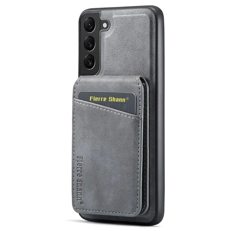 FIERRE SHANN 025 Style For Samsung Galaxy S22 5G Case PU+TPU Kickstand Phone Cover with Card Bag - Grey