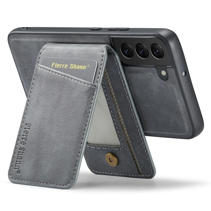 FIERRE SHANN 025 Style For Samsung Galaxy S22 5G Case PU+TPU Kickstand Phone Cover with Card Bag - Grey