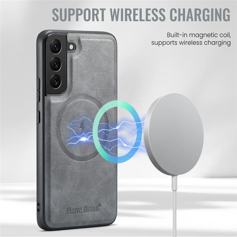 FIERRE SHANN 025 Style For Samsung Galaxy S22 5G Case PU+TPU Kickstand Phone Cover with Card Bag - Grey
