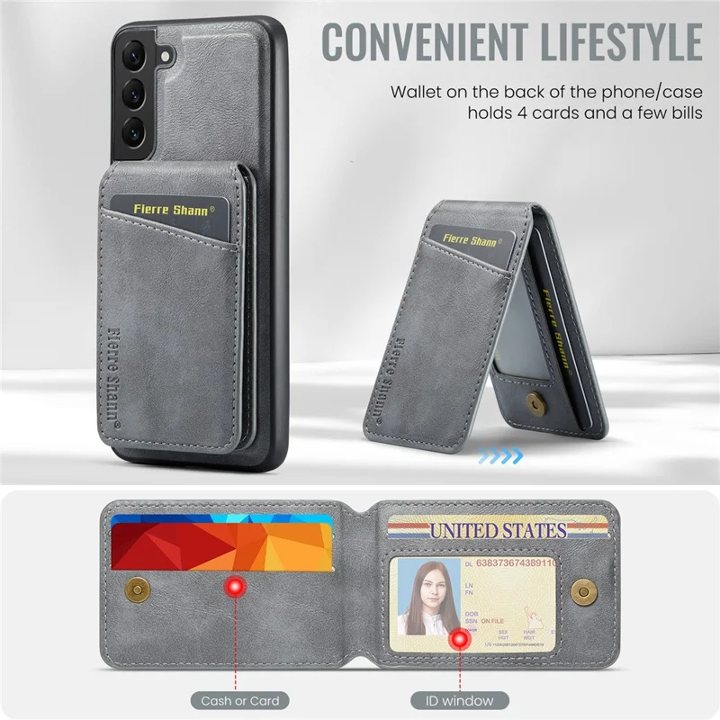 FIERRE SHANN 025 Style For Samsung Galaxy S22 5G Case PU+TPU Kickstand Phone Cover with Card Bag - Grey