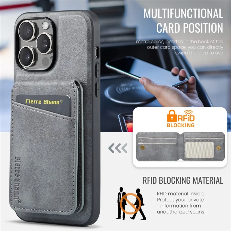 FIERRE SHANN 025 Style für iPhone 15 Pro Max Magnetische Hülle Leder+TPU Handyhülle mit Kartenfächern - Grau