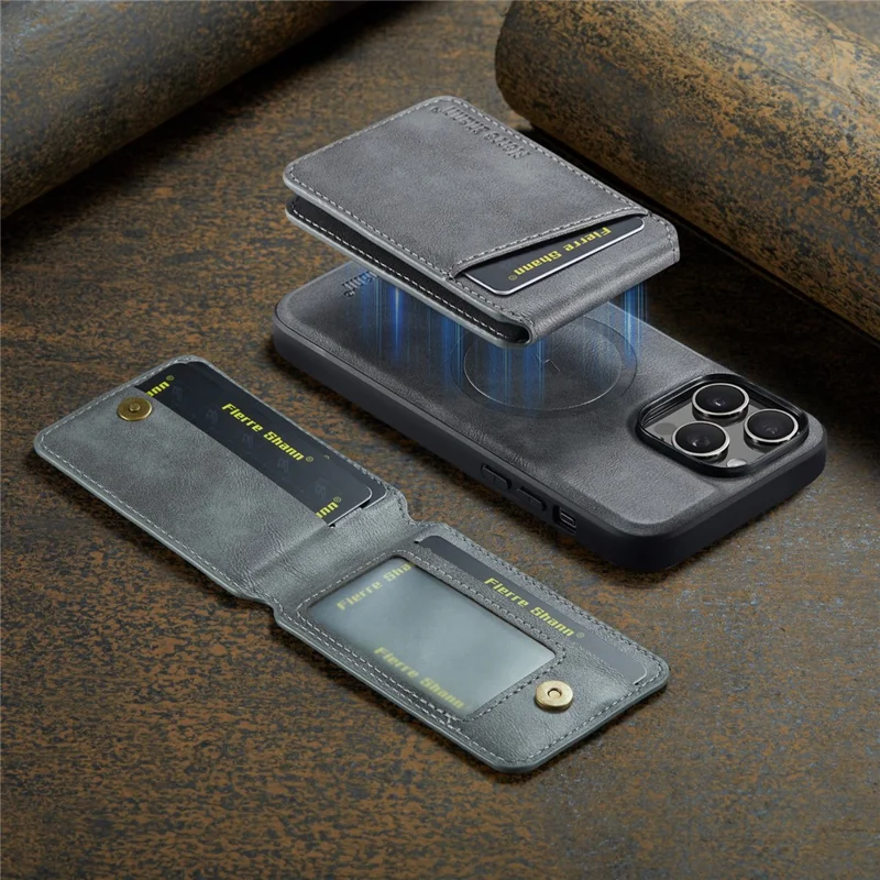 FIERRE SHANN 025 Style für iPhone 15 Pro Max Magnetische Hülle Leder+TPU Handyhülle mit Kartenfächern - Grau
