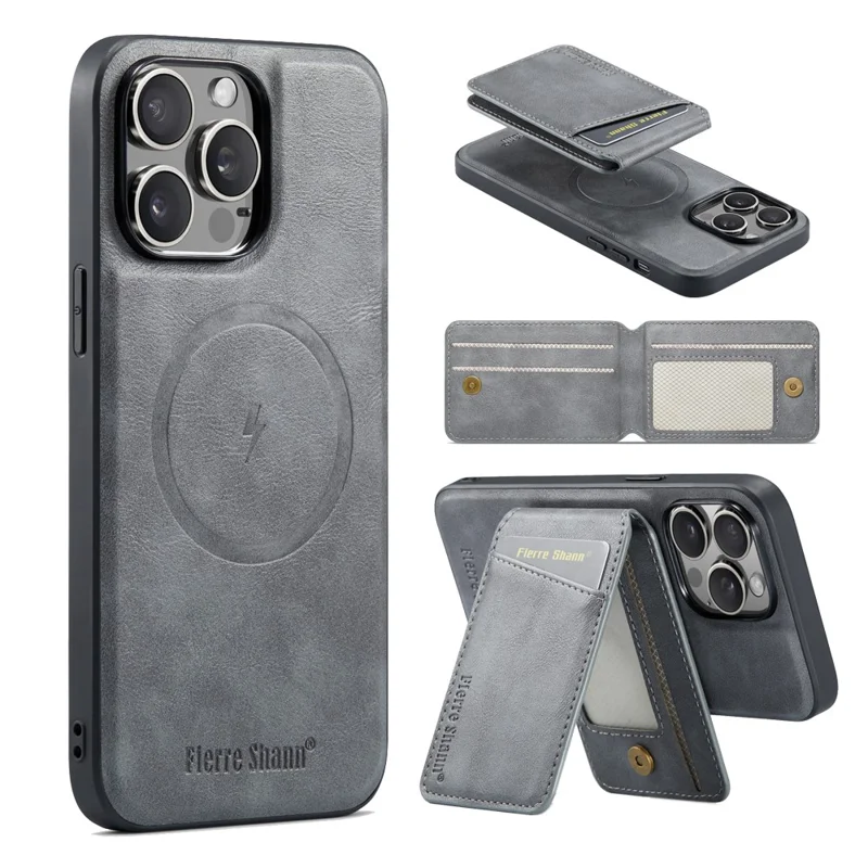 FIERRE SHANN 025 Style für iPhone 15 Pro Max Magnetische Hülle Leder+TPU Handyhülle mit Kartenfächern - Grau