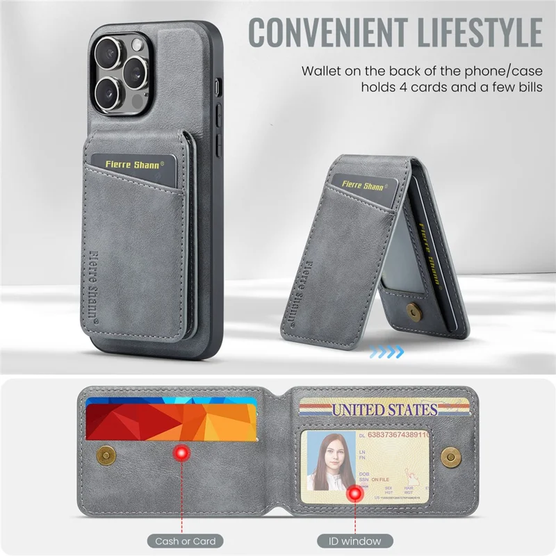 FIERRE SHANN 025 Style für iPhone 15 Pro Max Magnetische Hülle Leder+TPU Handyhülle mit Kartenfächern - Grau