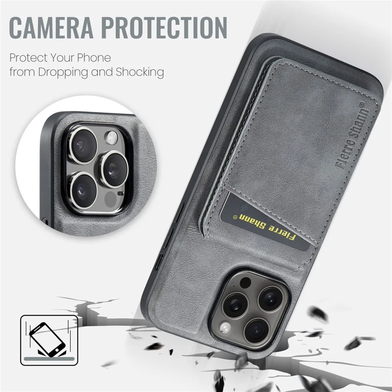 FIERRE SHANN 025 Style für iPhone 15 Pro Max Magnetische Hülle Leder+TPU Handyhülle mit Kartenfächern - Grau